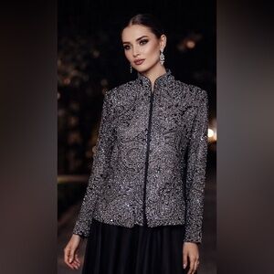 Alex Evenings Black Tan Silver Glitter Zip Jacket L NWT Sparkly Stretch Topper